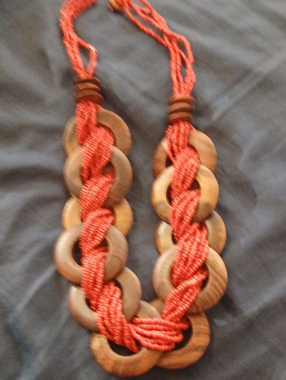Boho Women’s Braided Red Rope and Wood Link Necklace Handmade